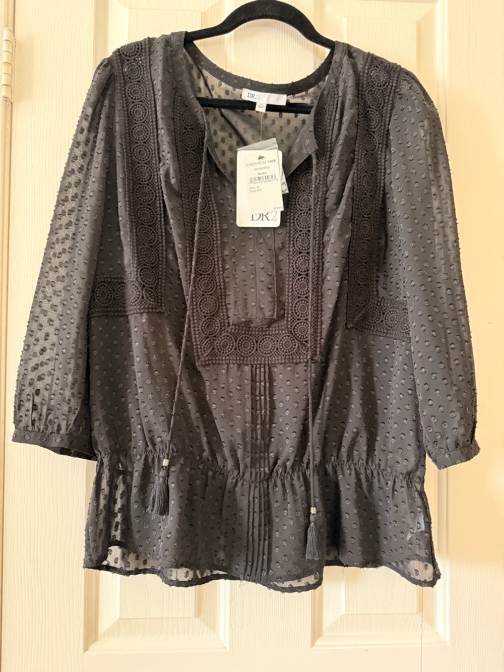 DR2 Black Swiss Dot Peasant Top with Embroidered Yoke XL NWT